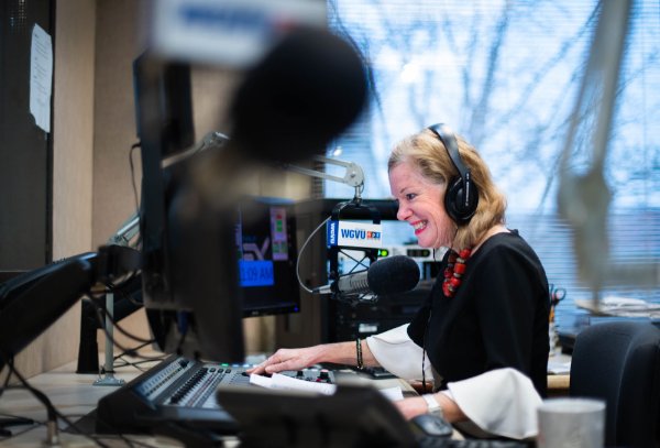 WGVU's Shelley Irwin smiles while on the air during her morning show.