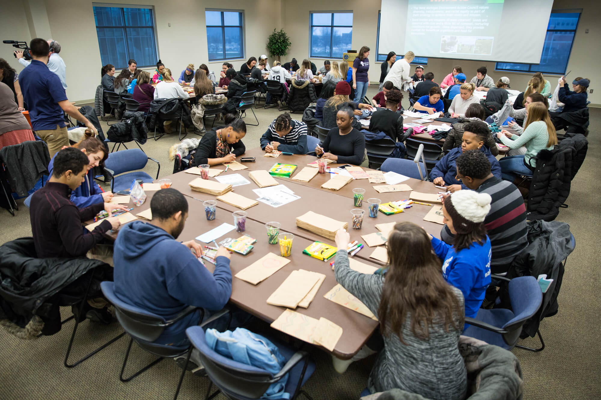 People working at tables