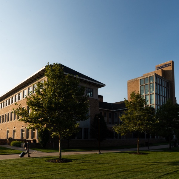 A summertime view of the Seidman College of Business building at GVSU.