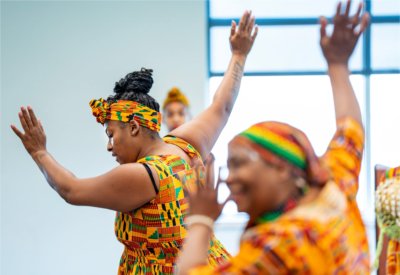 Rhaeven Richardson performs with West Michigan Jewels of Africa as part of a Juneteenth Celebration at the Kirkhof Center on June 18. 