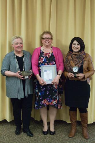 From left are Mary deYoung, Linda Rettig and Shorouq Almallah, 2015 recipients of Women's Commission awards.