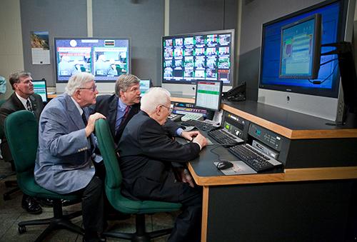 President Thomas J. Haas, President Emeritus Don Lubbers, General Manager Michael Walenta and longtime supporter Fred Meijer gather to shut down WGVU�s analog television signal, which was replaced by digital technology on June 12, 2009. 