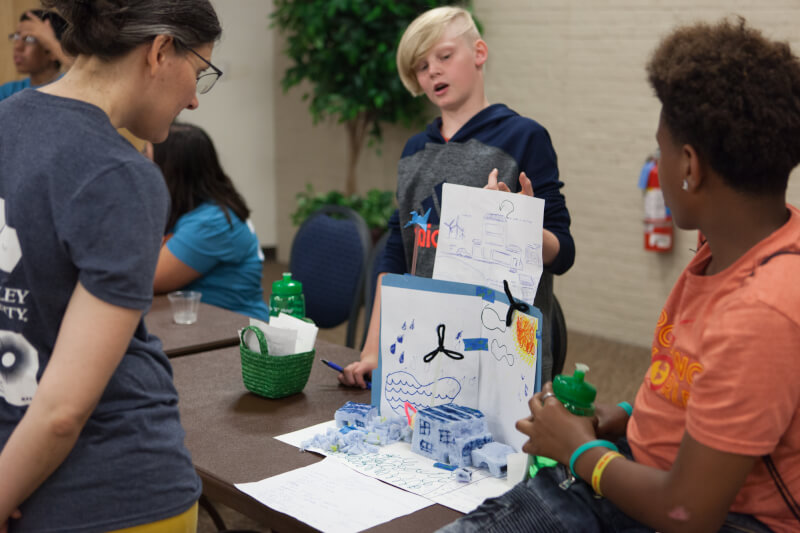 These students built a sustainable city for their final camp project. The home is powered by wind energy, solar panels and hydropower.