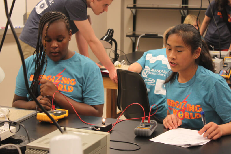 Students testing the energy required of various devices in the Energy Exploration session.
