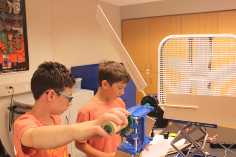 	Students testing variables that impact energy production in a wind power session.