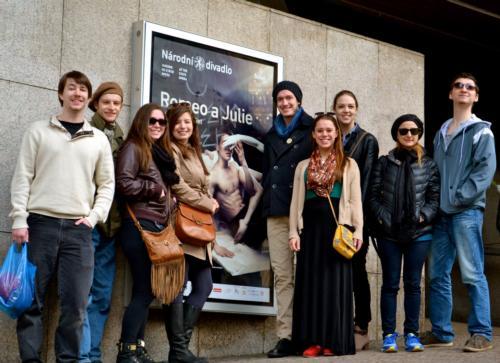 The 2014 Bard To Go ensemble in Prague, from left: Ryan Farrell, Matthew Darnell, Sammie Chaness, Jessica Utter, Andrew Steward, Amanda Furstenberg, Erin Feiner, Director Chiara Pipino, Theatre alumnus Jason James.