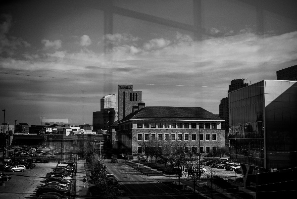  A black and white photo of a college campus. 