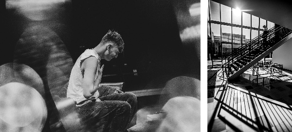  A college theater student performs while holding a hand to their heart. 