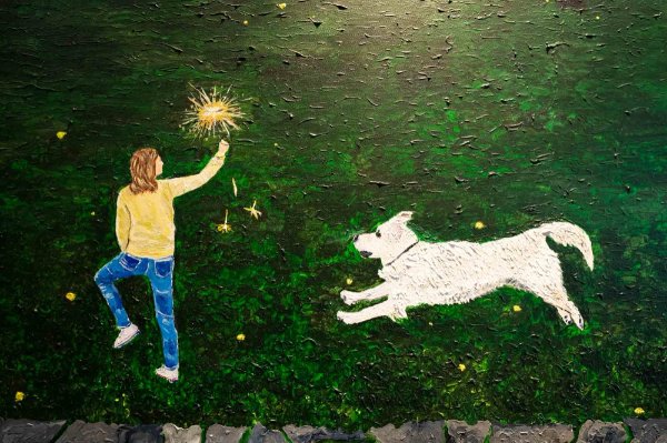 A painting shows a person with a sparkler as a dog chases the person.