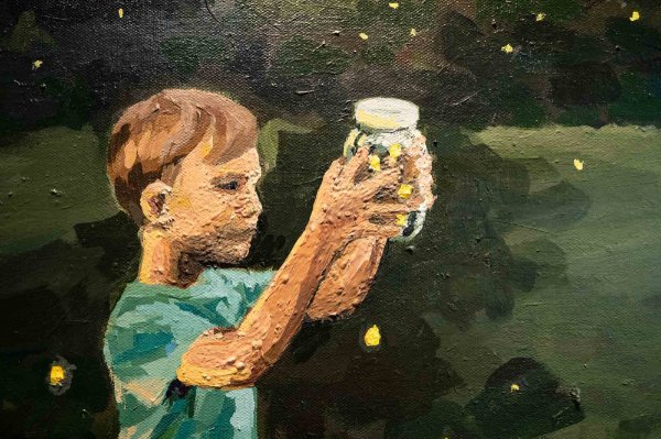 A painting of a child holding up a jar.