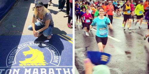 At left, Amy Bross; Lindsey DesArmo is at right on the Boston Marathon course.