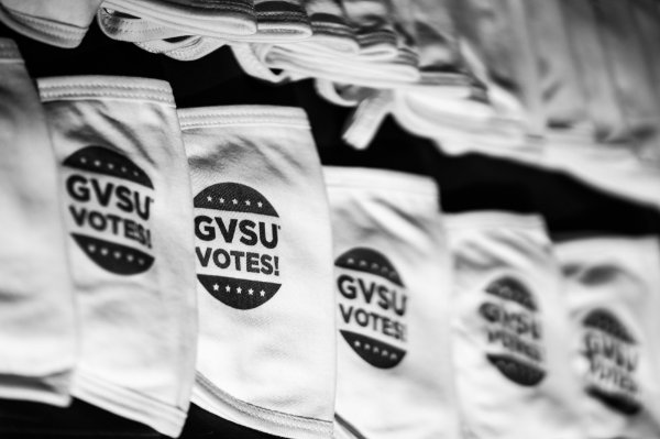 A black and white photo of GVSU Votes face coverings