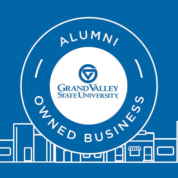 Illustration showing alumni owned business logo over Grand Rapids skyline