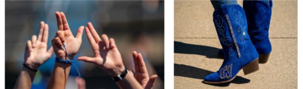  Left: Students hold up their hands in the &#8220;Anchor Up&#8221; gesture.  |  Right: Blue bedazzled cowboy boots with the GVSU athletics logo walk on the pavement.