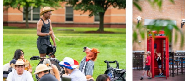 Left:  A person wearing a straw hat points a stick at a person seated on the grass amongst others wearing a horse mask. |  Right: Two children play in a bright red telephone booth.