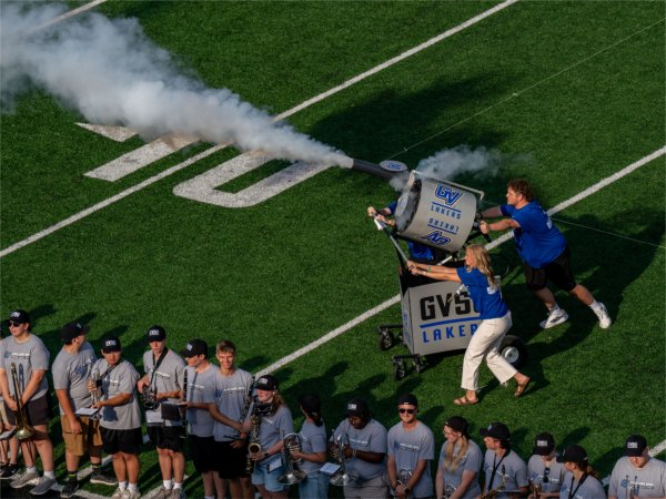 Shirts are fired into the crowd inside Lubbers Stadium as part of the Laker Kickoff.