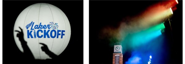Left: Raised hands are silhouetted against an illuminated lantern that reads "Laker Kickoff."   |   Right: Rainbow lights illuminate the stage with the Cook Carillon Tower in the background.