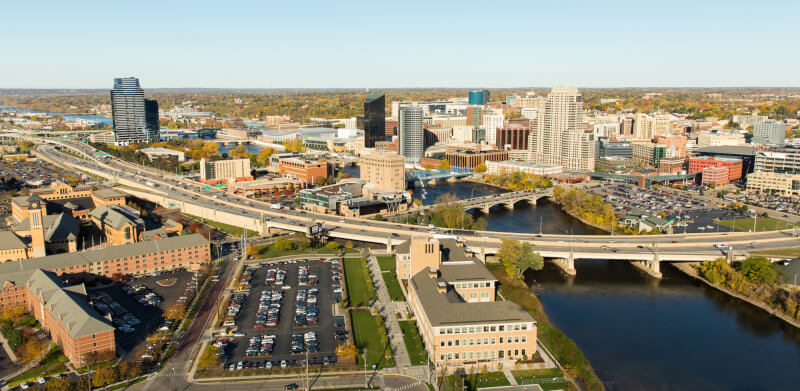 An aerial view of Grand Rapids. 