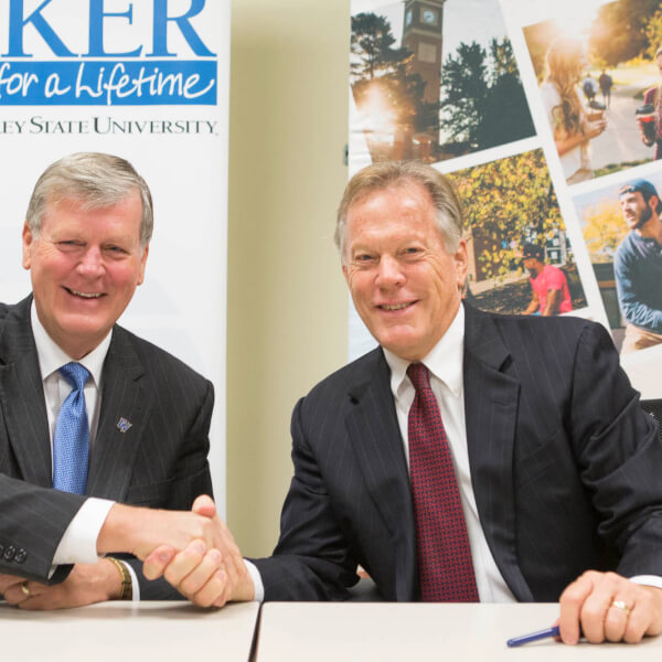 Grand Valley President Thomas J. Haas and Cornerstone University President Joseph Stowell.