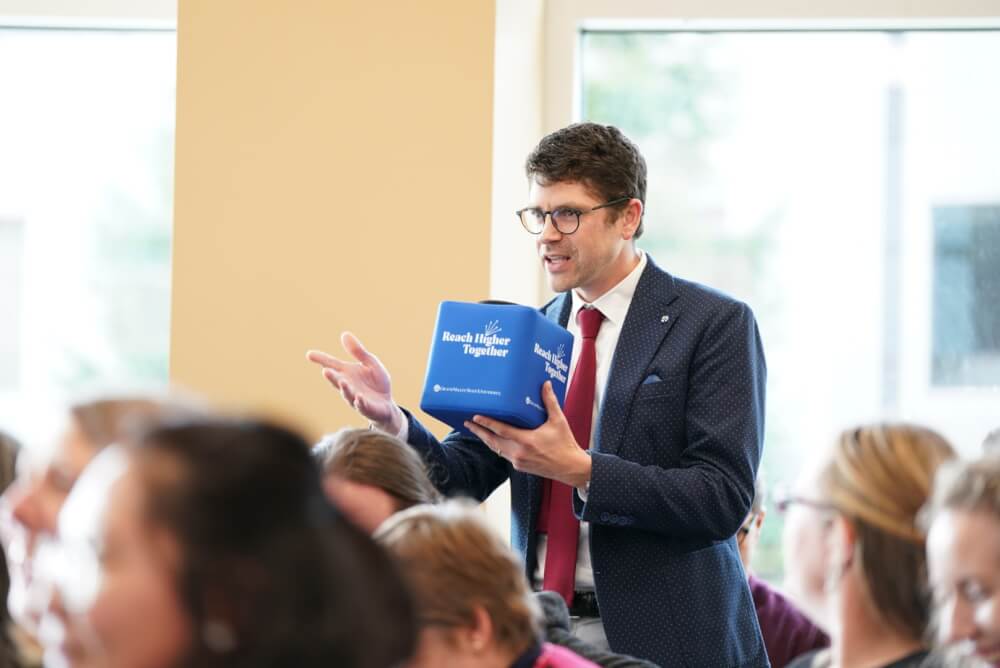 An audience member asks A.C. Grayling a question.