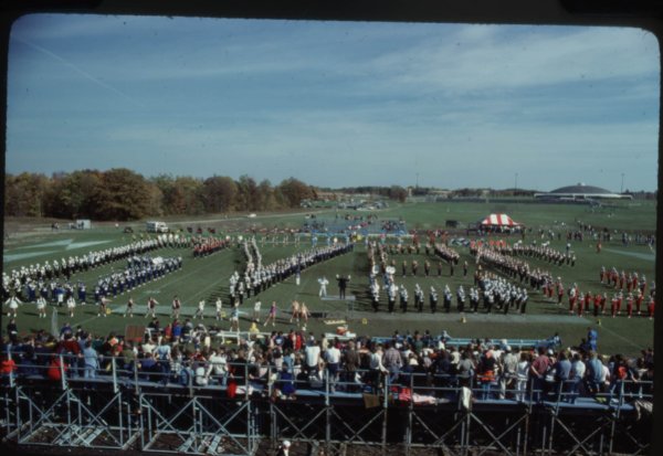A photo of the marching band from a Grand Valley football game in 1978.