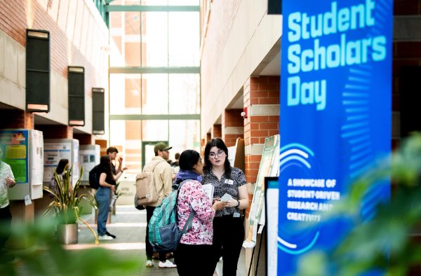 Students discuss research data during Student Scholars Day