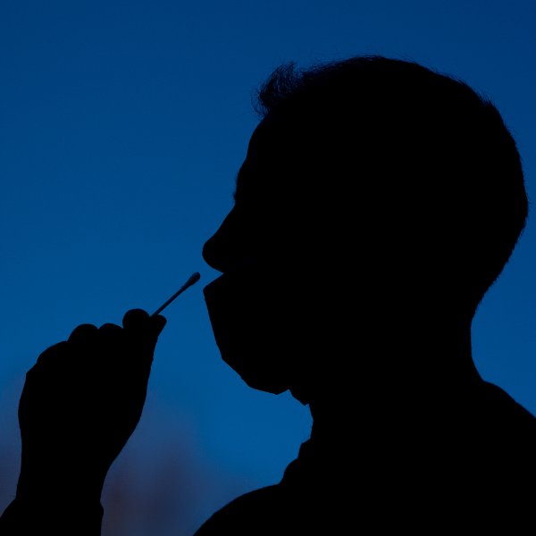 Patient about to swab nose for COVID-19 test.