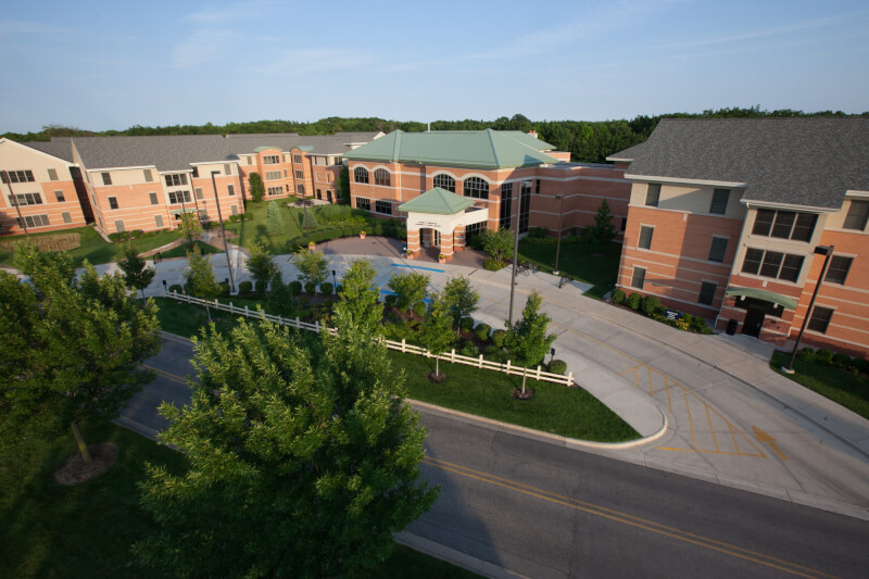 An aerial photograph of the Glenn A. Niemeyer Living and Learning Center.