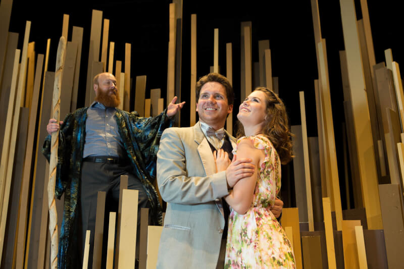 Atis Kleinbergs as Prosporo (left), Haley Jennings as Miranda (right), and Kevin McCasland as Ferdinand (middle) rehearsing "The Tempest."