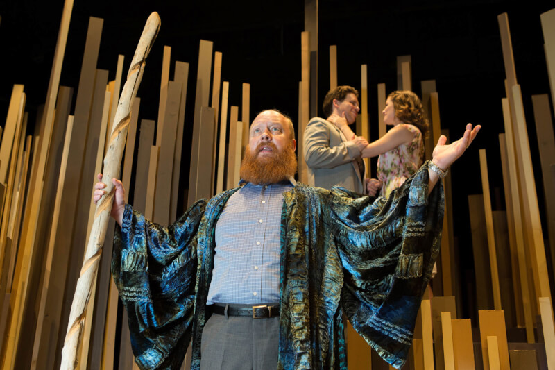 Atis Kleinbergs as Prosporo (front), Haley Jennings as Miranda (back right), and Kevin McCasland as Ferdinand (back left) rehearsing "The Tempest."