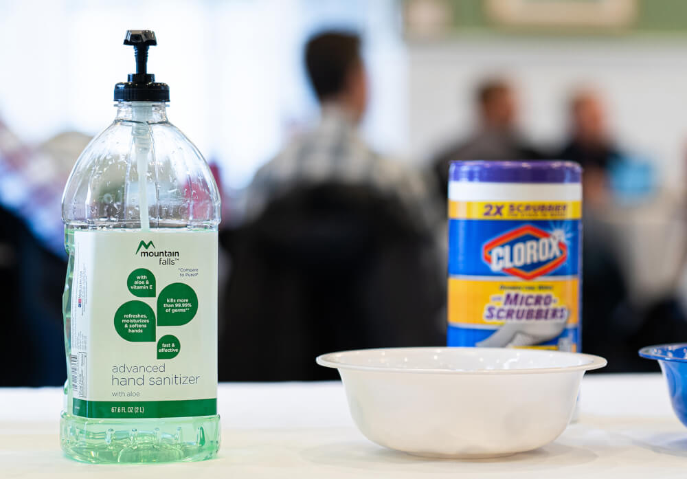Photo of hand sanitizer on table.