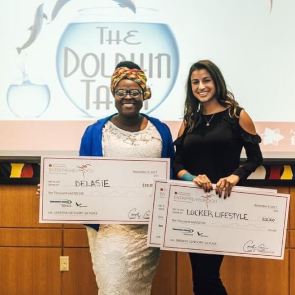 Katarina Samardzija, on right, is pictured at the 2017 Dolphin Tank competition. She was named a Newsmaker of the Year by the Grand Rapids Business Journal on Feb. 1, 2019.