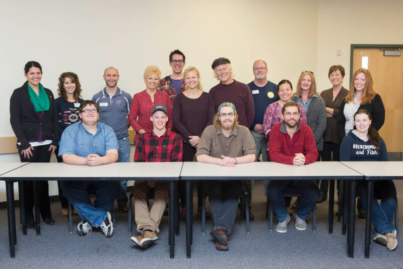 North Central Michigan College faculty members Kerri Finlayson and Seamus Norgaard (middle row, center) and six students met Grand Valley faculty and staff members who are involved in campus sustainability efforts. 