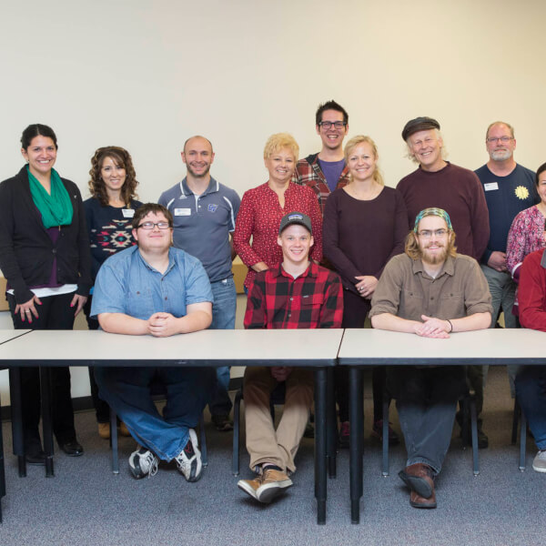 North Central Michigan College faculty members Kerri Finlayson and Seamus Norgaard (middle row, center) and six students met Grand Valley faculty and staff members who are involved in campus sustainability efforts. 