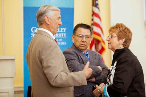 The Kutsche Office of Local History earned an NEH grant to collect oral histories of migrant workers in Oceana County. Pictured are Walt Urick, left, and Penny Burillo from Oceana County organizations that will aid in the project.