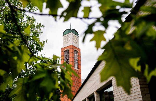 The Cook Carillon Tower is seen from a low vantage point. Leaves are in the foreground.