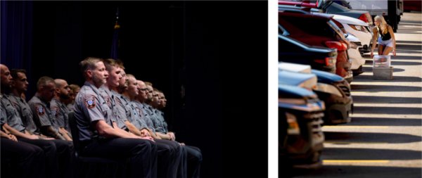  Left, A row of police academy graduates in uniform sit in a row during their graduation ceremony. Right, a student unloads a basket of belongings from their car during move-in. 