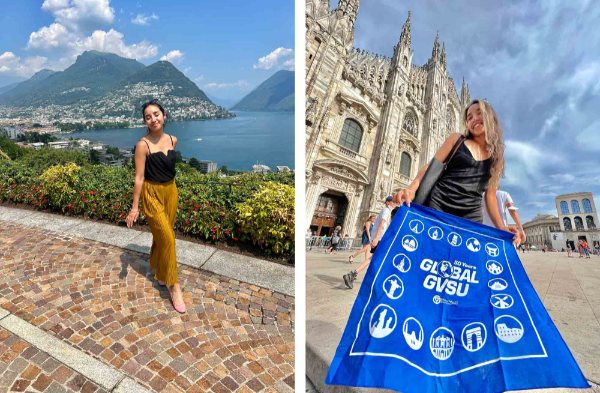 two photos side by side of student in Italy, one with Global GVSU flag