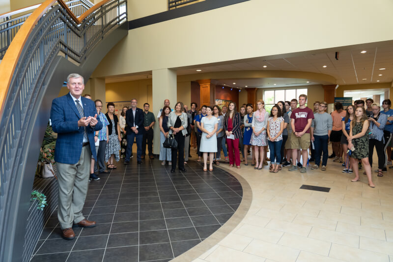 President Haas addresses students and faculty at a ceremony celebrating the 10-year anniversary of the Niemeyer Living and Learning Center.