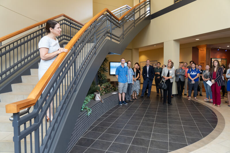 Provost Maria Cimitile addresses students and staff who gathered to celebrate the 10-year anniversary of the Niemeyer Learning and Living Center.