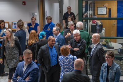 crowd of people in a lobby
