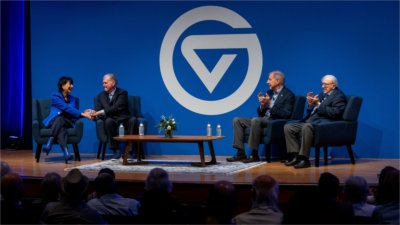 From left on stage at Loosemore auditorium, Presidents Mantella, Haas, Murray and Lubbers