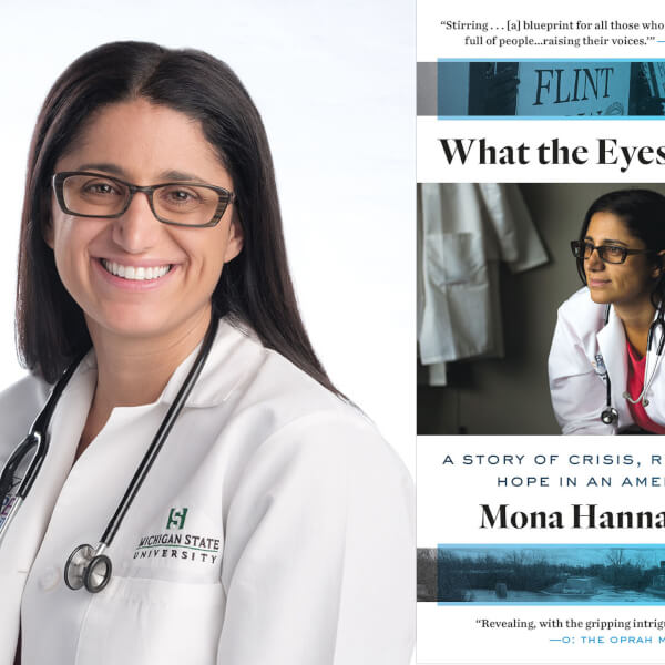 headshot of Dr. Mona Hanna-Attisha and photo of her book jacket