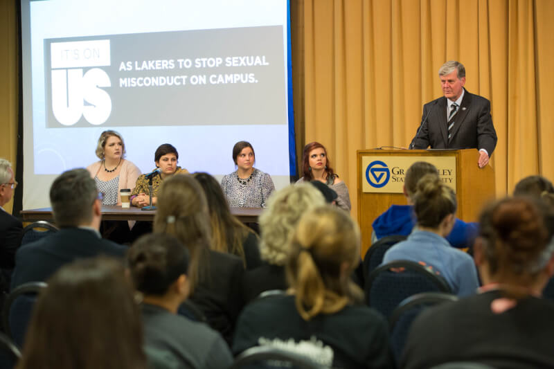 President Haas addresses the crowd at a town hall meeting to discuss sexual assault.