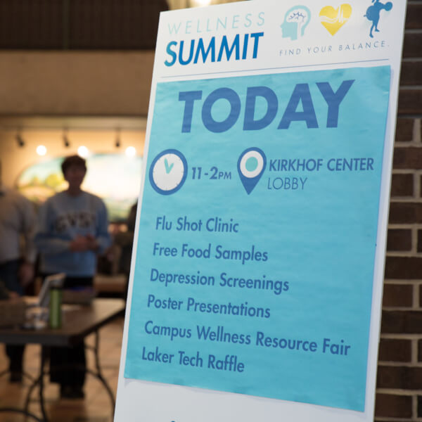 A poster from the 2018 Wellness Fair in Kirkhof Center on the Allendale Campus.