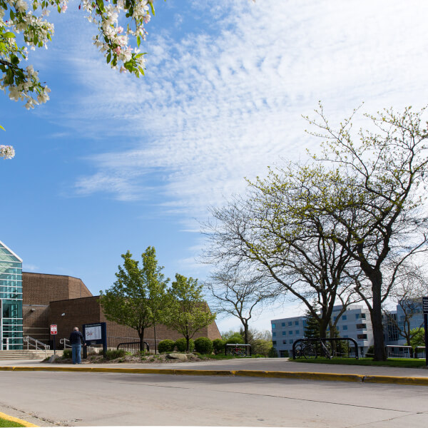 Kirkhof Center with trees blooming in front