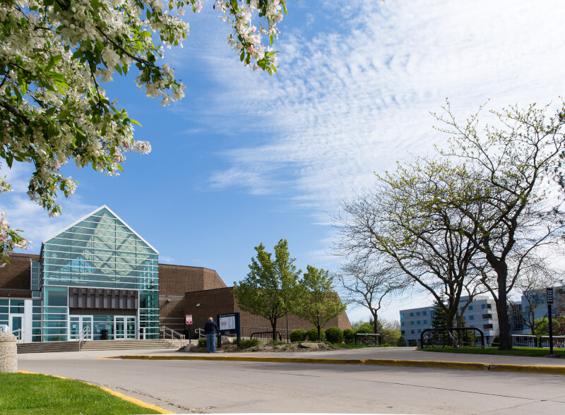 Kirkhof Center with trees blooming in front