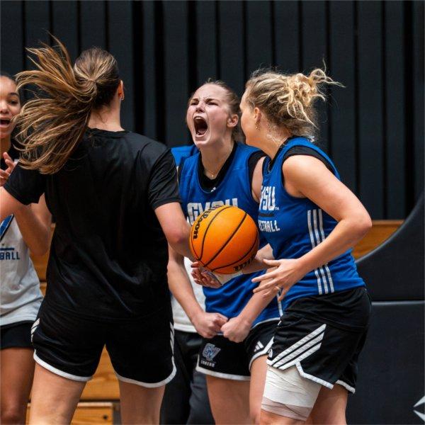 Page VanStee shouts in excitement after scoring a bucket at the GVSU Women's Basketball practice
