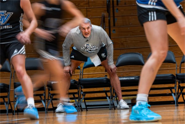 GVSU Women's Basketball Head Coach Mike Williams watches his team on the practice court.