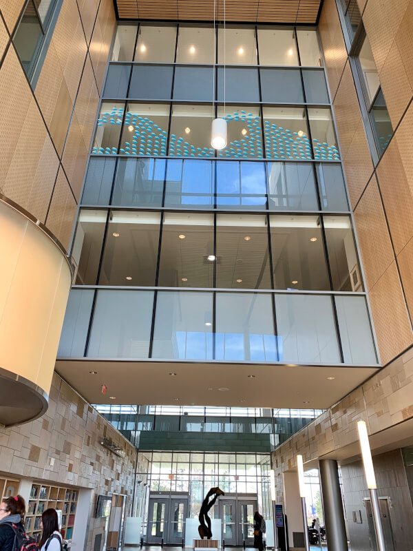 About 1,000 "waves of wishes" are displayed on the library windows, wishing students good luck during finals week.